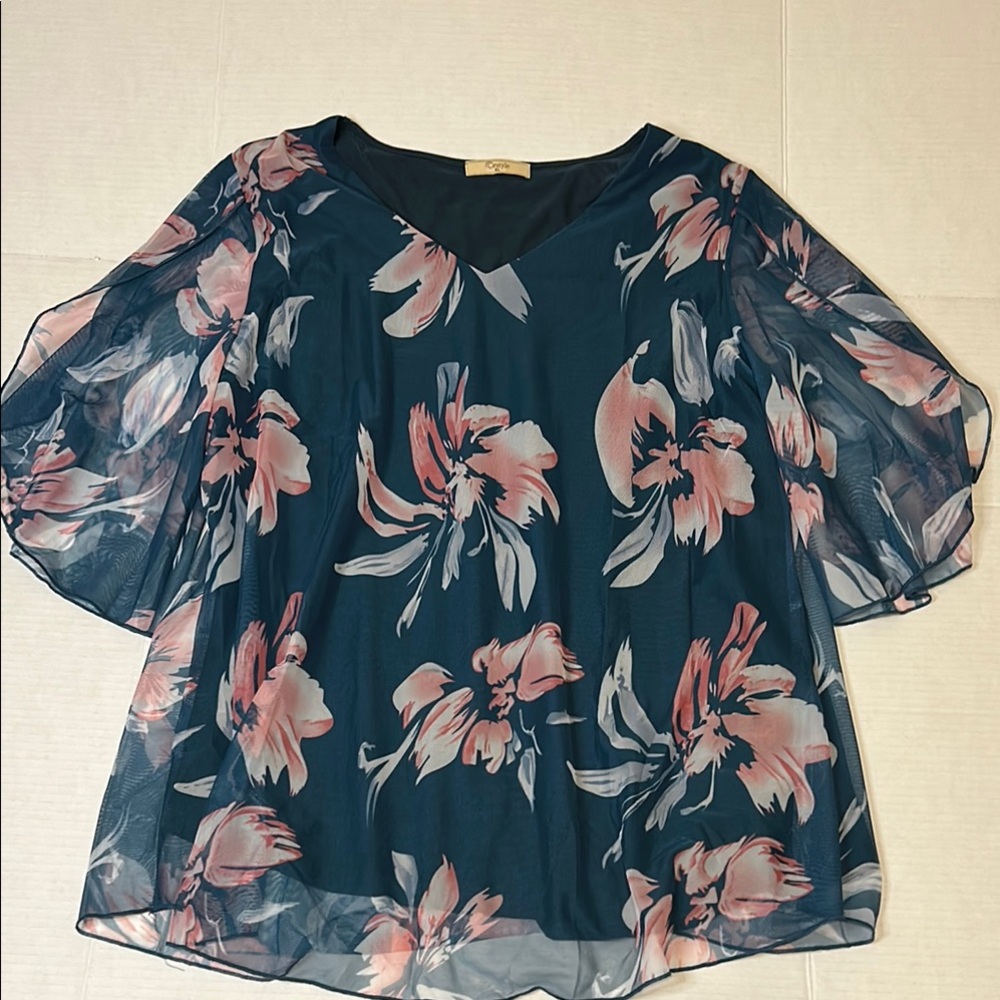 Cestyle Ruffle 3/4 Sleeve Dressy Blouses V Neck Flowy Mesh Top for Evening